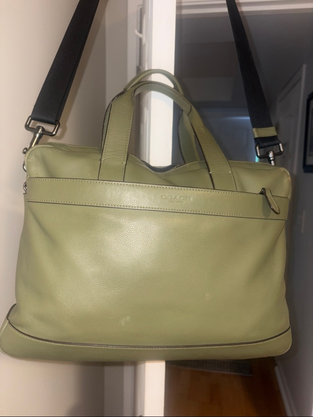 Coach Olive Green Leather Laptop Bag with Black Strap